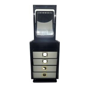 Vintage Japanese Style Black Floral Jewelry Box 4 Drawer Mirror Vanity Organizer